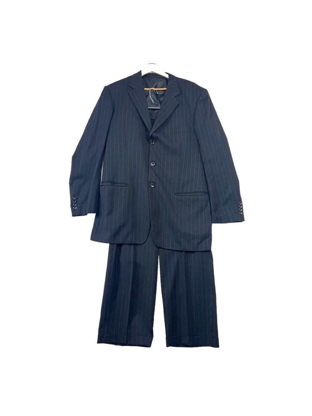 Mantoni 46L 46x40 Black Stripe Super 120s Wool Mens Sport Coat Jacket Pants Suit